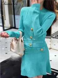 New 2024 Autumn Fashion Gold Buckle Long-sleeved Crew Neck Sweater Cardigan Jacket Short Skirt Two-piece Women's Knitted Suit