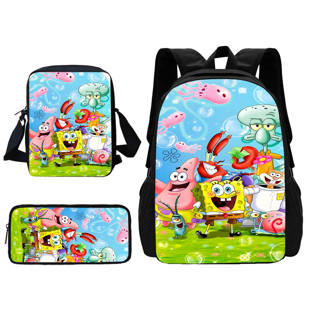 Anime SpongeBobs Mochila Escolar para Criança, Bolsa de Ombro, Sacos de Lápis, Meninos e Meninas, Melhor Presente, Bonito, Conjunto 3 Pcs