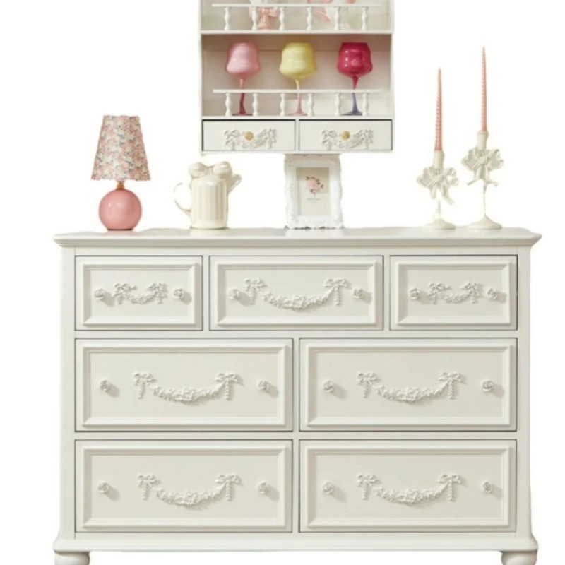 

French cream style carved solid wood chest, dining side, European storage locker