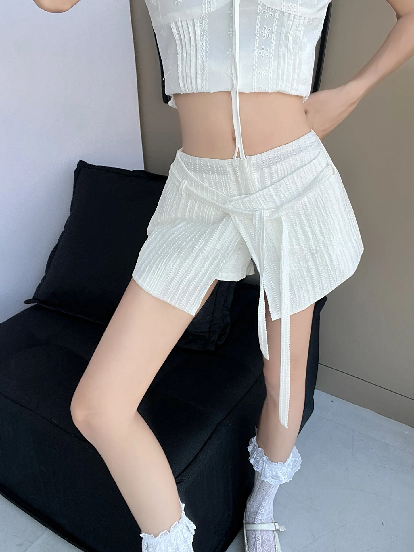 Low Waist A-Line Slit Shorts White  Skirt for Women Summer Casual Style with Belt Tie Design Standard Fit Teen Girls Skirt
