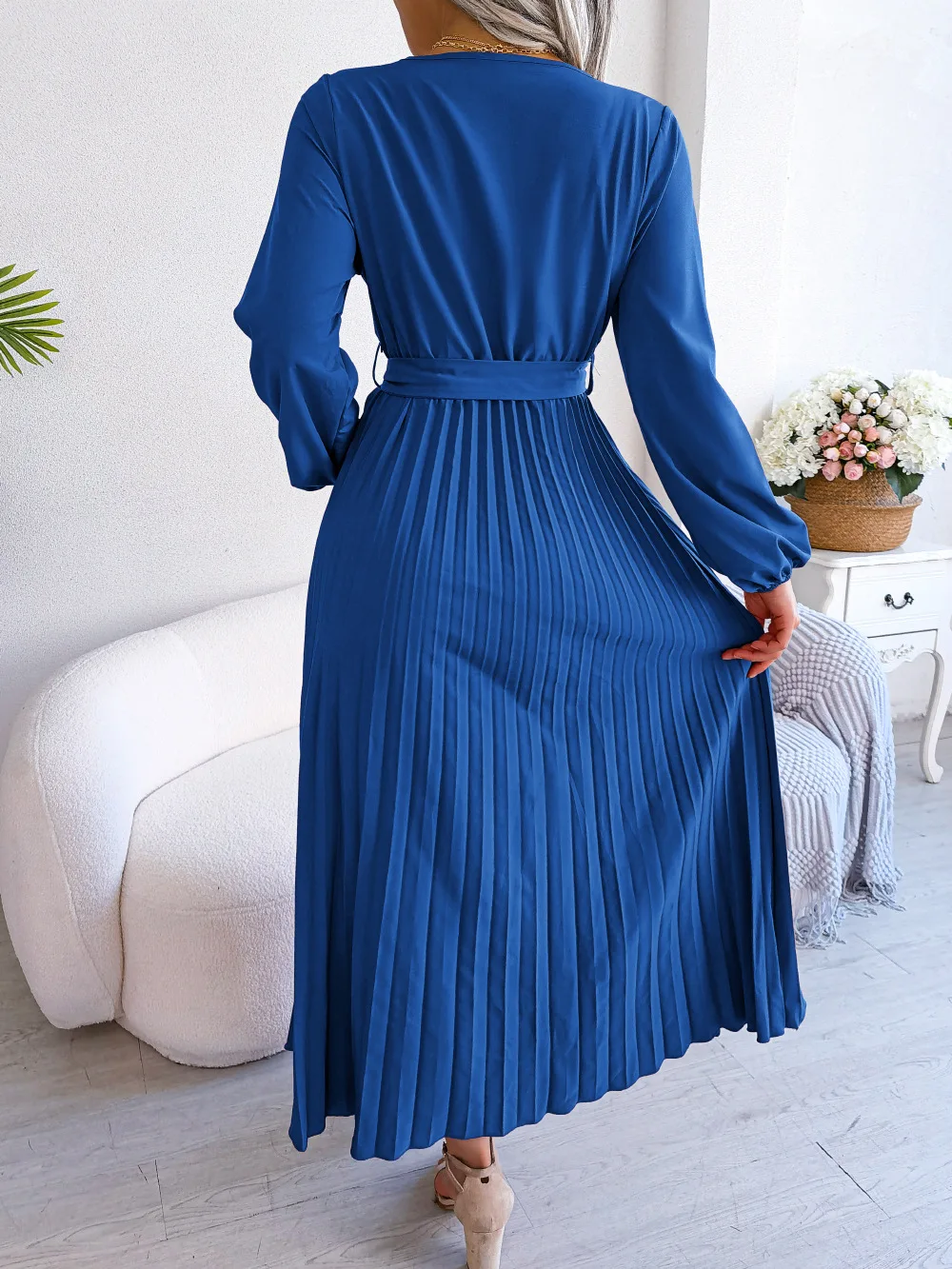 Ficusrong Women Spring Summer Cross Solid Color V Neck Large Hem Pleated Long Dress For Fashion