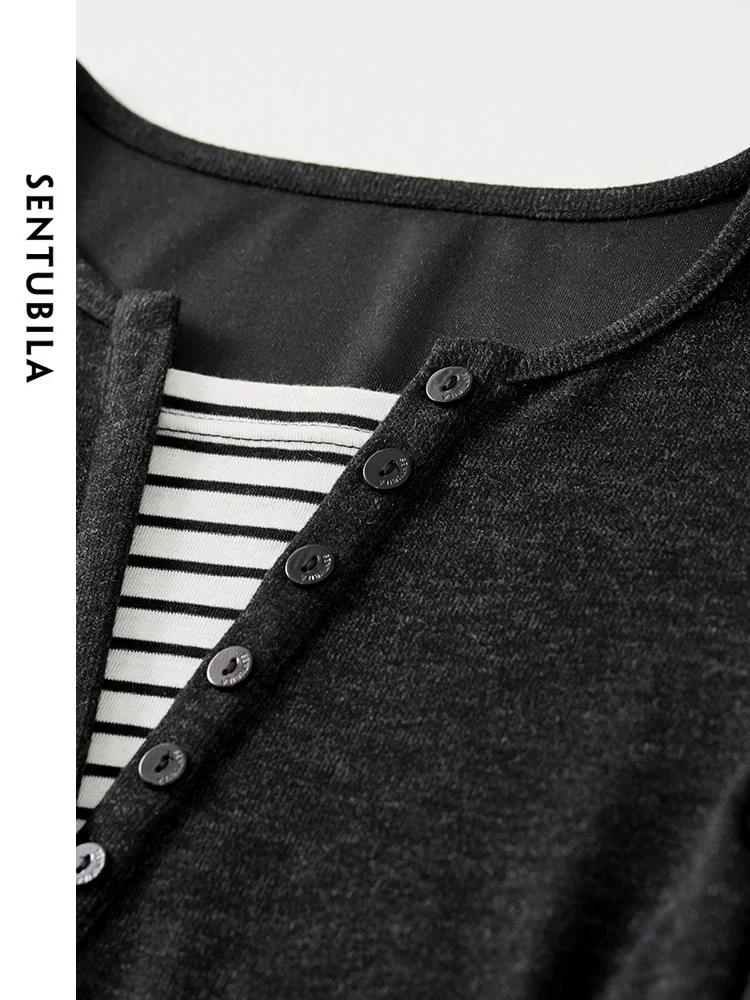 SENTUBILA coupe ajustée rayé T-shirt femmes 2025 automne Patchwork 2 en 1 haut col rond à manches longues Simple femmes t-shirts 143T56388