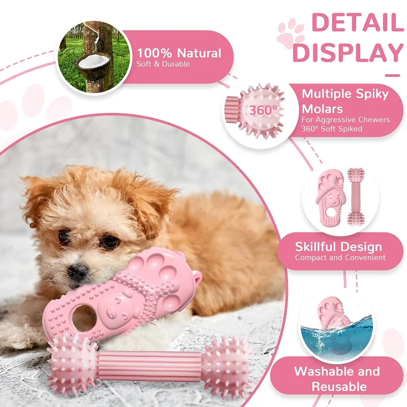 Soft Dog Chew Toys Pink Rubber Bone Toy Durable Molars Training Ball Toy Chihuahua Yorkie Interactive Treat Toys Pet Supplies