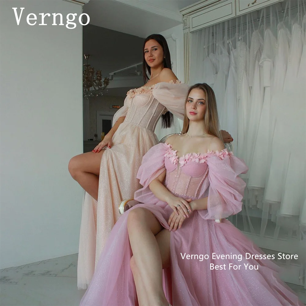 

Verngo Pink Shiny Evening Dress For Women Off The Shoulder A Line Prom Gown Appliques Tulle Russia Formal Occasion Dress