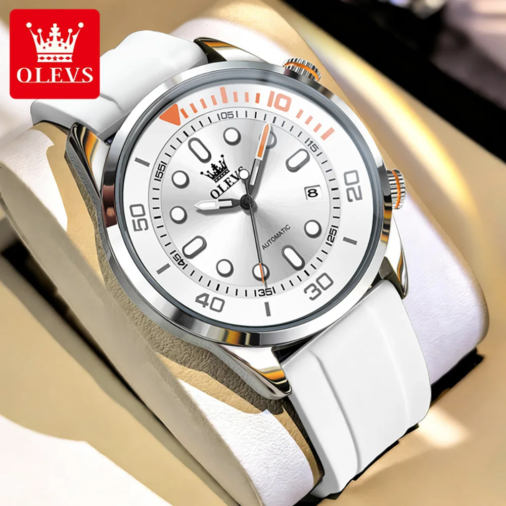 

OLEVS Luxury Watch 30M Water Resistant Automatic Mechanical Sports Watch Luminous White Silicone Strap