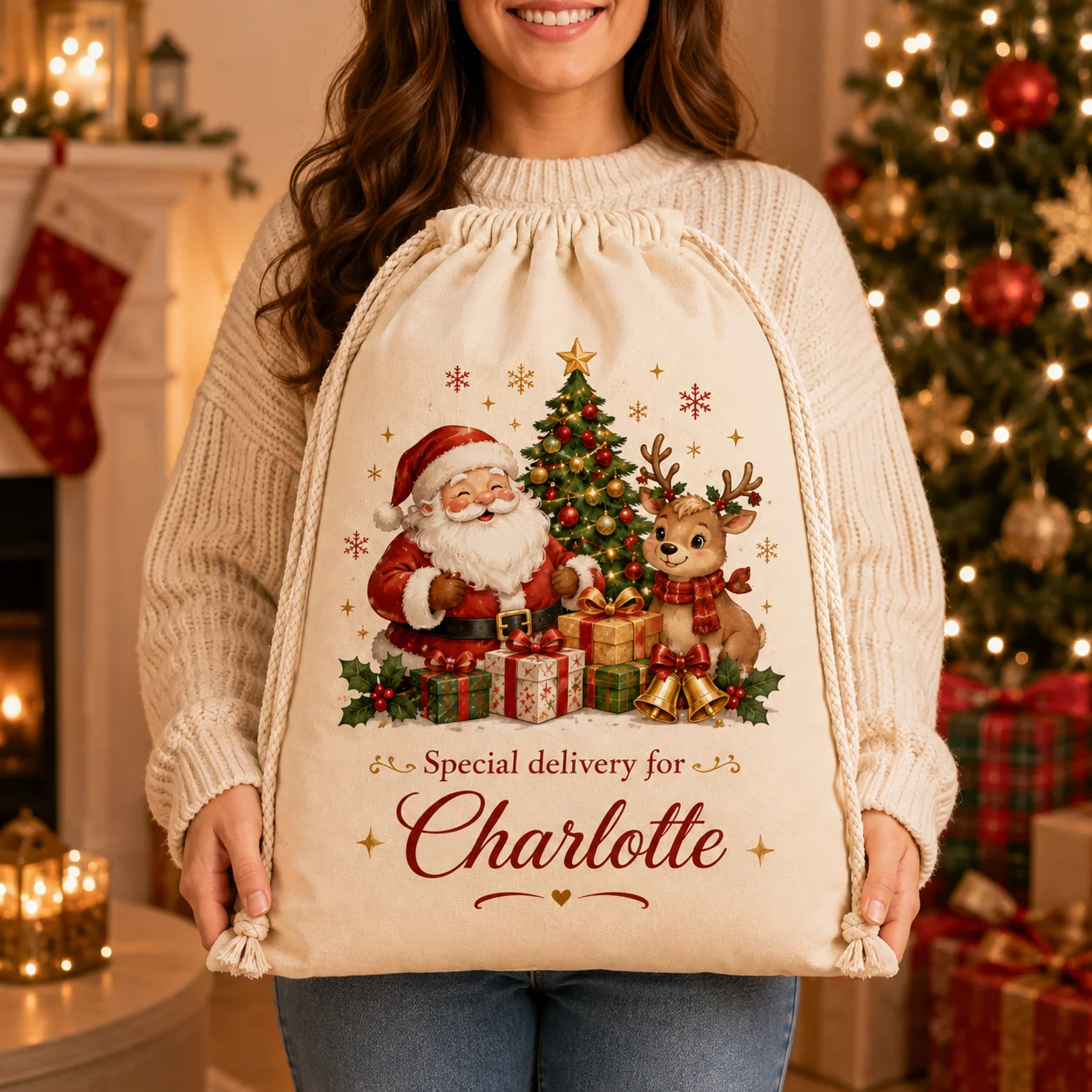 Custom Name Christmas Sack for Kids, Santa Reindeer Gift Bag, Personalized Drawstring Xmas Present Storage Bag