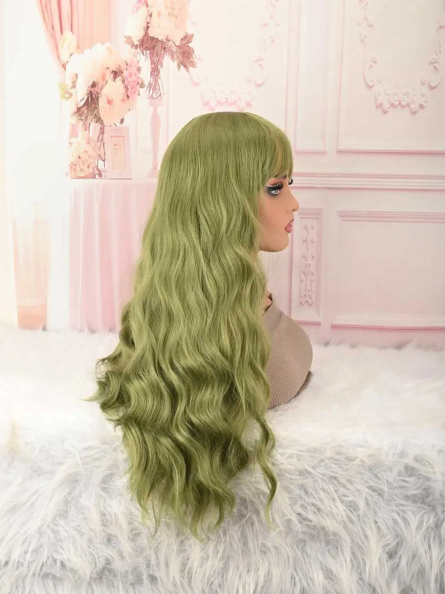 Olive Green Long Water Wave Wig with Air Bangs for Women, Heat Resistant Synthetic Wig Glueless Rose Net Cap for Cosplay