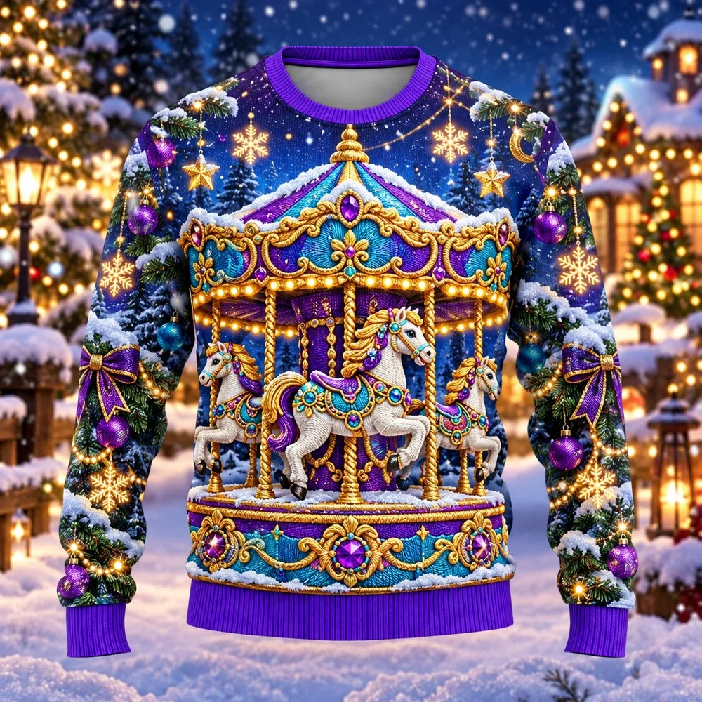 Christmas Carousel Ugly Christmas Sweater for Men Women Festive Holiday Party Crewneck Pullover Long Funny Gift Sweaters