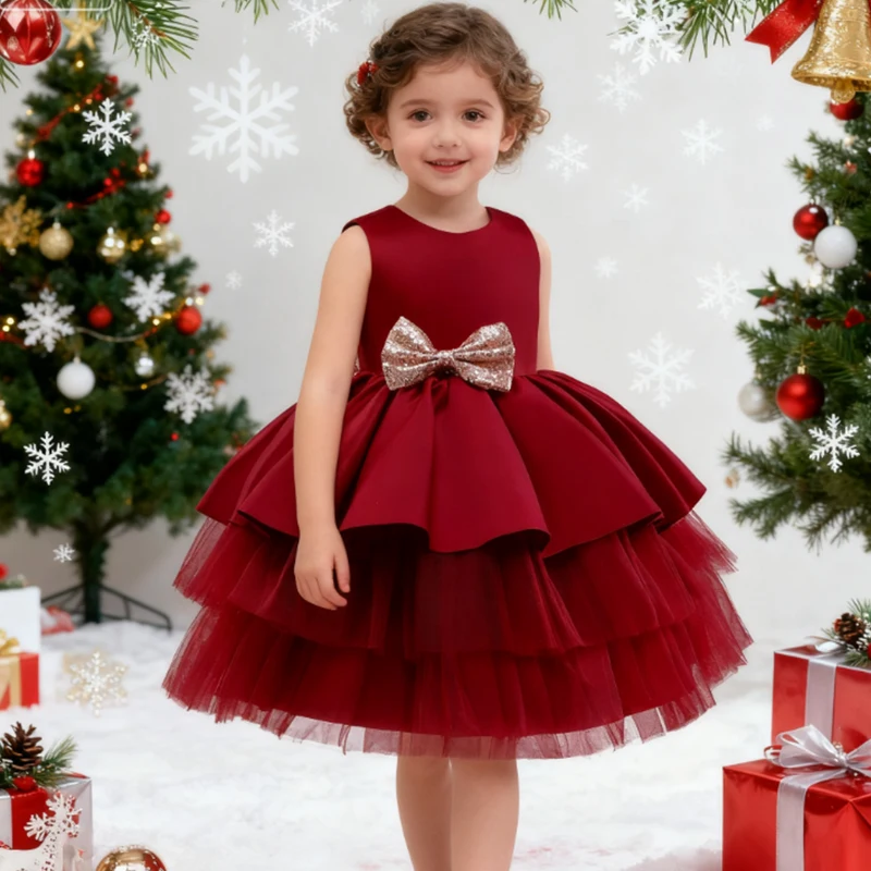 

New Year Christmas Gift Girl Party Dresses Elegant Layered Festive Dress For Girl Birthday Party Dress Pageant Wedding Prom Gown