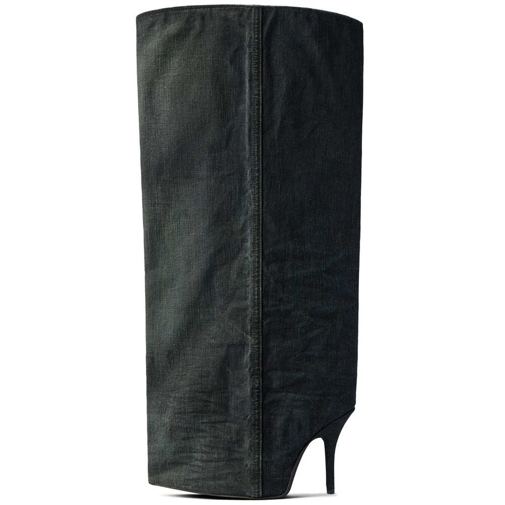 Schwarzes PU-Leder, seltsamer Stil, spitze Zehen, kniehohe Damenstiefel, Stiletto-High-Heels, Slip-On, große modische Damenschuhe