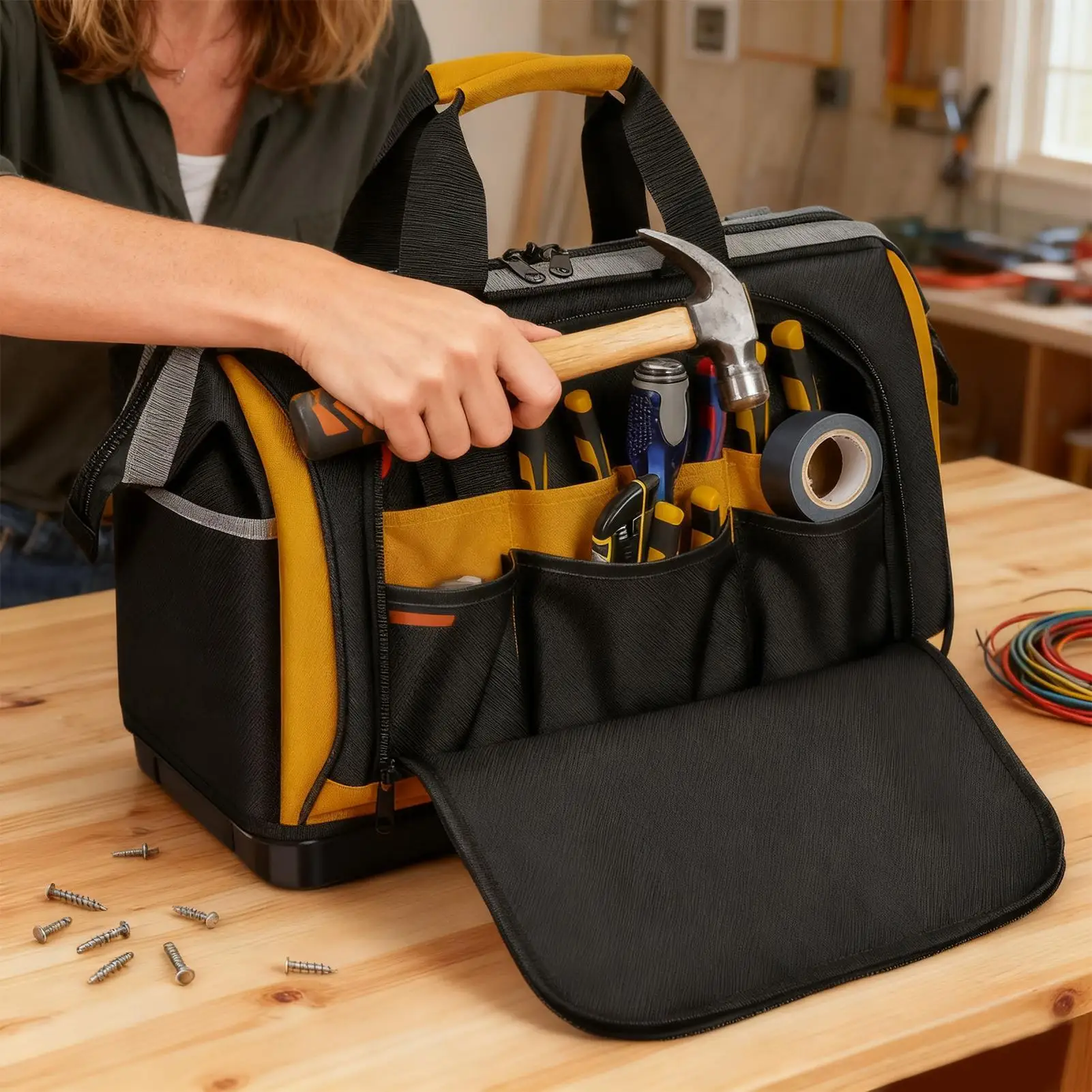 Borsa per attrezzi Caddy per elettricista multitasche con base rigida impermeabile Borsa per dettagli per riparazioni domestiche Borsa per garage