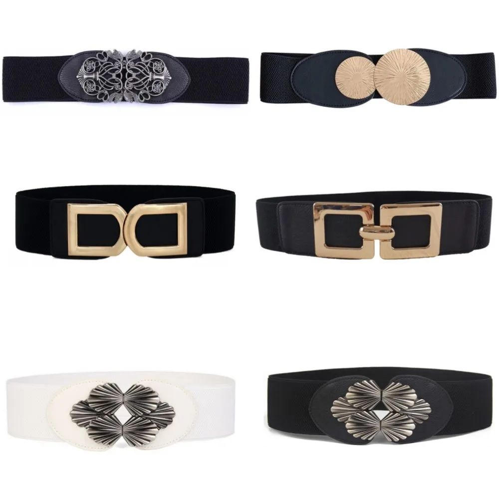 Fashion Carved Flower Big Circle Buckle Wide Waistbands for Women Geometric Metal Buckles Elastic Cummerbunds Dress Party Gifts