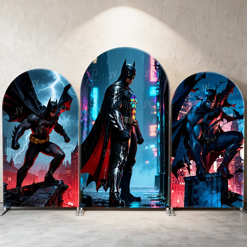 

Batman Neon Rainy Night Theme Arch Backdrop Cover Colorful Armor Cartoon Background For Kids Birthday Baby Shower Party