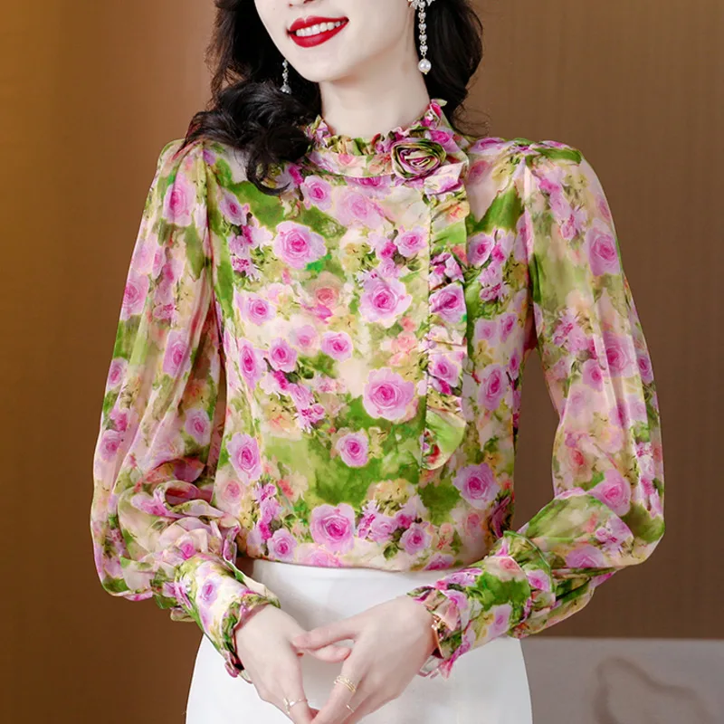 #2543 Floral Printed Blouse Women Ruffles Collar Vintage Blouse Femme Lantern Long Sleeve Retro Ladies Tops And Blouses Spring