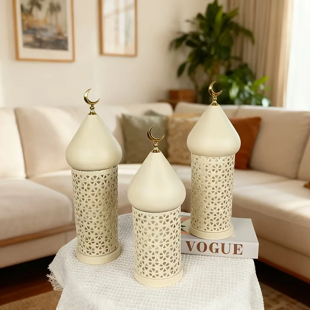 Ramadan Kareem Lantern Set White Moroccan Style Metal Hollow with Golden Crescent Moon  Mubarak Home Tabletop Festival Decor