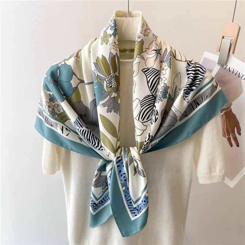 لوتس طباعة وشاح شيفون المألوف خفيفة الوزن وشاح للرقبة للنساء الصيف الرقبة الشمس حماية وشاح حريري شال 90*90 سنتيمتر #3