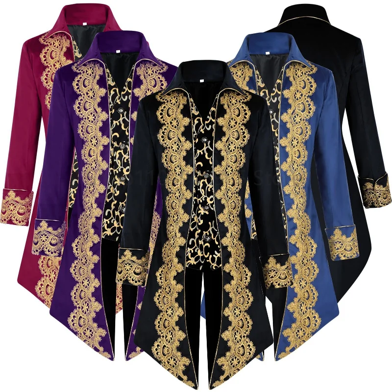 

2025 New Blue Lace Tuxedo for Men,Euro- American Medieval Vintage Men's Tailcoat Jacket,medium Length Punk Performance Costume