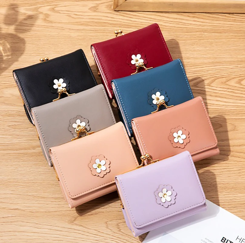 Ladies Fashion Short Wallet Casual Simple Mini Student Japanese Cute Flower Money Clip Female Coin Purse Card Holder Storage Bag