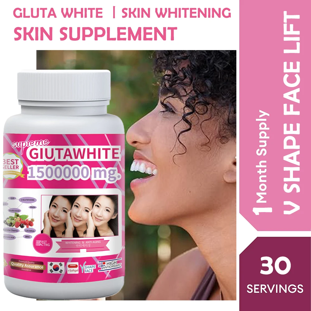 GLUTA WHITE 1500000MG Suplemento blanqueador de la piel de glutatión antienvejecimiento, protección UV, uniforme del tono de la piel y cicatriz 30 cápsulas de gel blando
