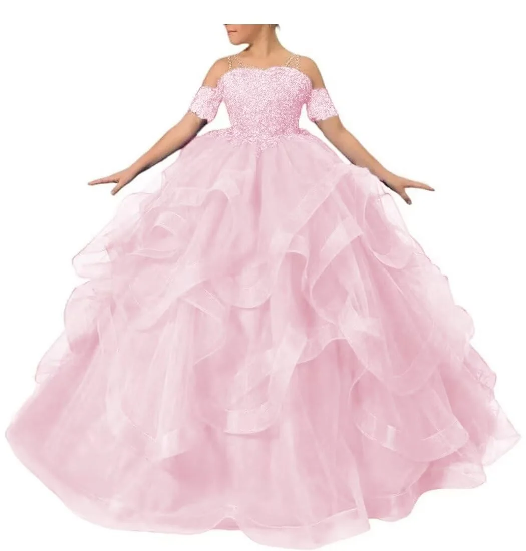 Hot Pink Flower Girl Dress Tulle First Communion Birthday Ball Kids Princess Costume Formal Dress Event