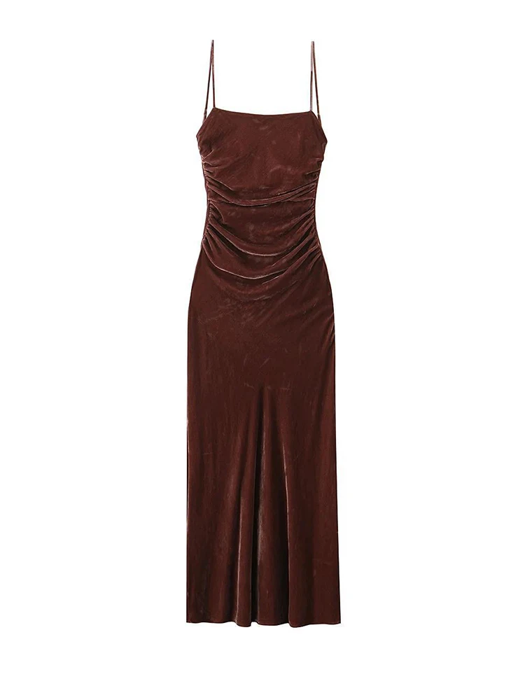 Women Brown Velvet Long Dress Camisole Ruched Slim Backless Dresses