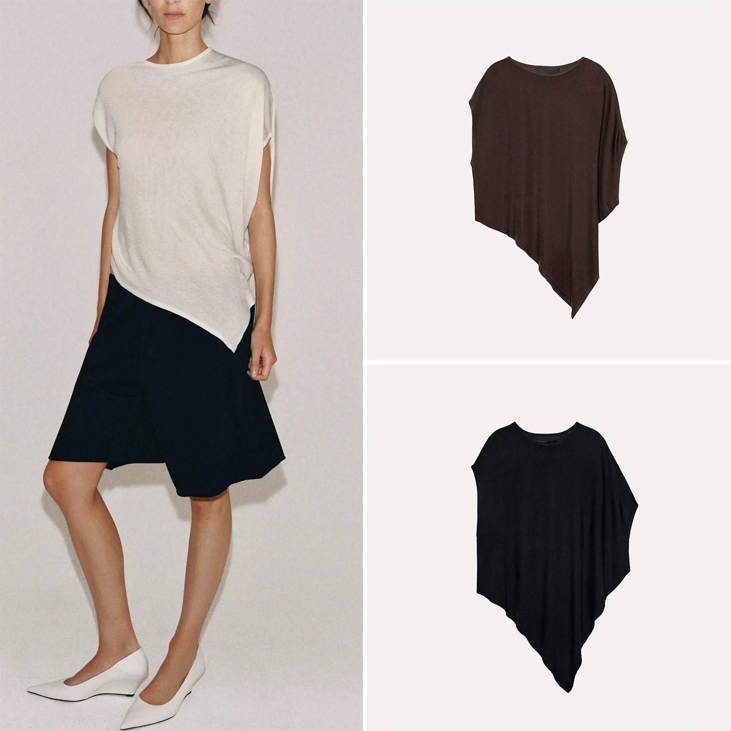 Women's Summer 2026 New round Neck Wide Sleeve Asymmetric Drape Knitwear Fashionable Casual Short Sleeve Shirt ZADATA