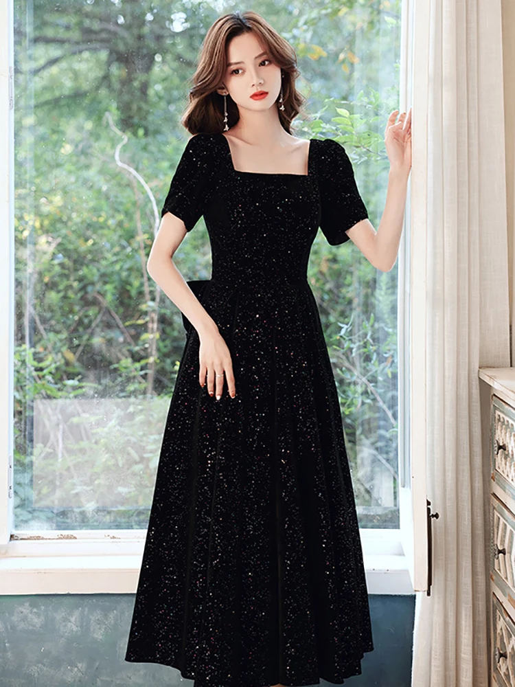 

Элегантное бархатное вечернее платье с квадратным вырезом, высококачественное платье для выпускного вечера с блестками и бантом, винтажное коктейльное платье трапециевидной формы с короткими рукавами