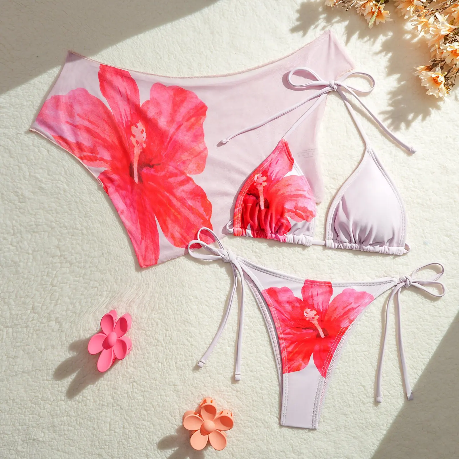 مثير طقم بيكيني صغير 2025 المرأة الأزهار طباعة رفع البرازيلي التعادل الجانب ثونغ ملابس السباحة البرازيلي الشاطئ ثوب السباحة 3 قطعة ملابس السباحة