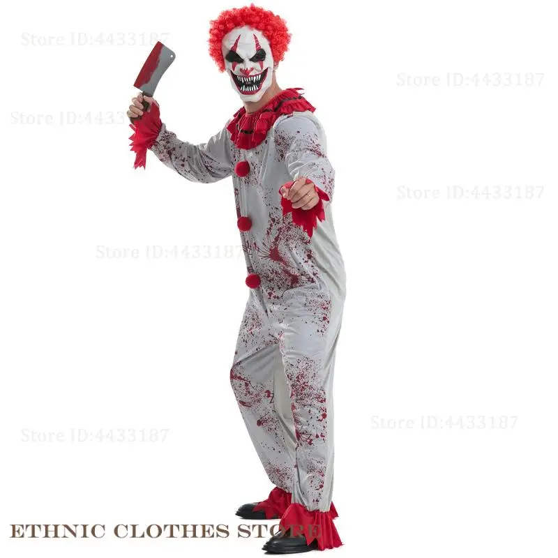 Halloween Adult Cosplay Costumes Evil Scary Clown Jumpsuits with Wig Mask Killer Clown Joker Costume Bodysuit Performance Suit