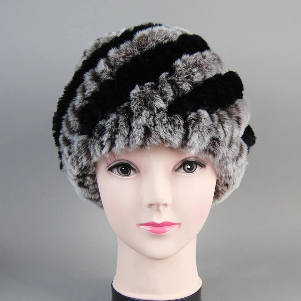 Knitted Good Elastic 100% Natural Rex Rabbit Fur Beanies Hats Lady Winter Warm Real Rex Rabbit Fur Cap Knit Striped Real Fur Hat image 6