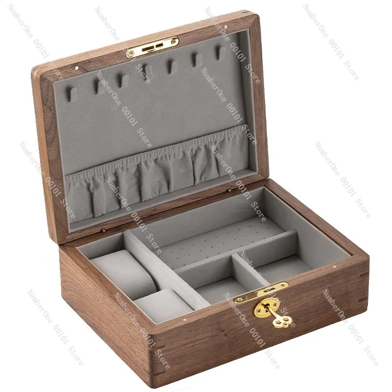 Elegant Vintage Black Walnut Solid Wood Jewelry Box with Lock Layered Storage Organizer for Rings Necklaces Bracelets Earrings