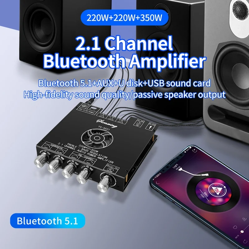 

YS-AS21 2.1-Channel Bluetooth Digital Amplifier Board 220Wx2+350W High-Bass Adjustment Subwoofer Audio Module