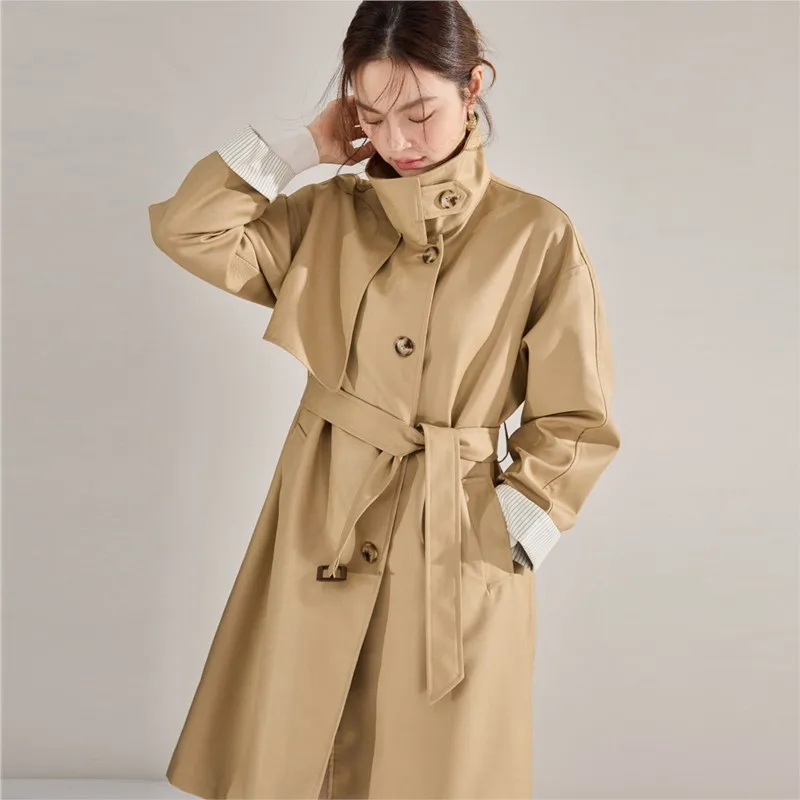 

A new style loose stand-up collar mid-length trench coat for women