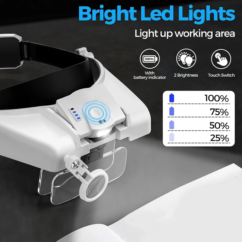 ABVJ- نظارات مكبرة مع ضوء، نظارات مكبرة لعصابة الرأس للعمل القريب، مع 5 عدسات ومصباح LED، ومكبر للرؤوس