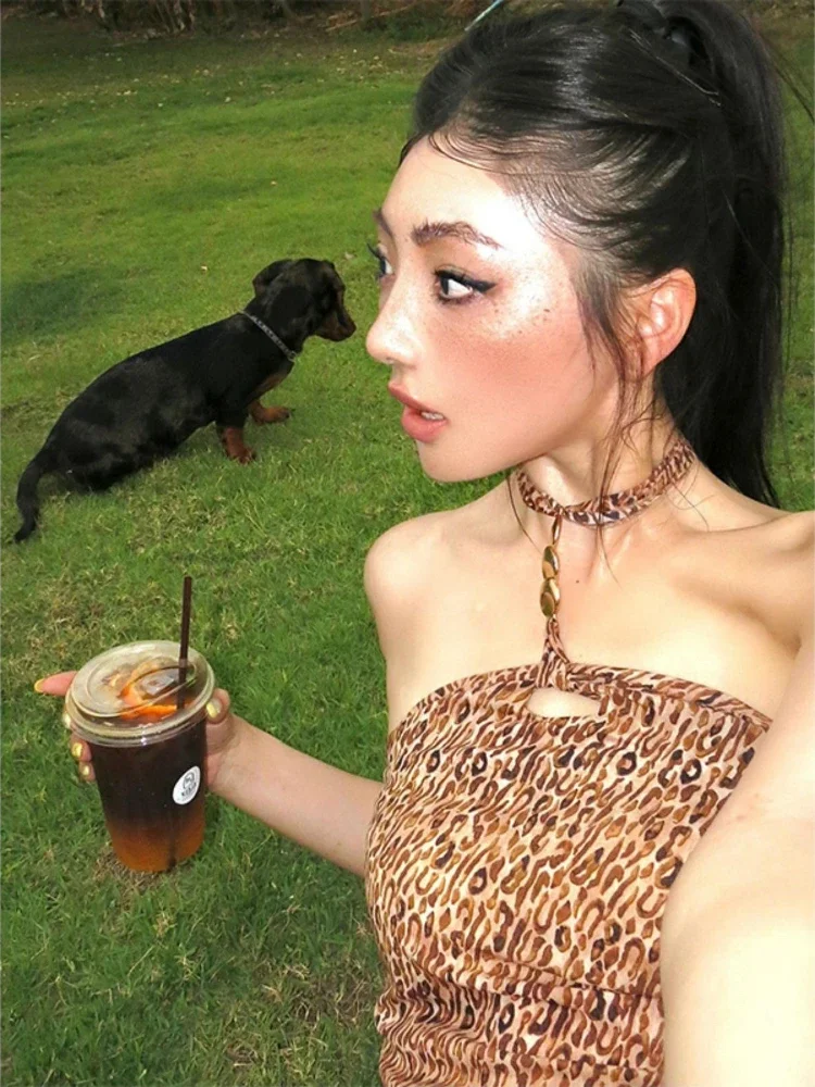 مثير ليوبارد طباعة Y2k الجمالية تانك القمم الشارع الشهير الرسن خمر الجوف خارج الدبابات Harajuku Bodycon عارية الذراعين بروتيل الصيف