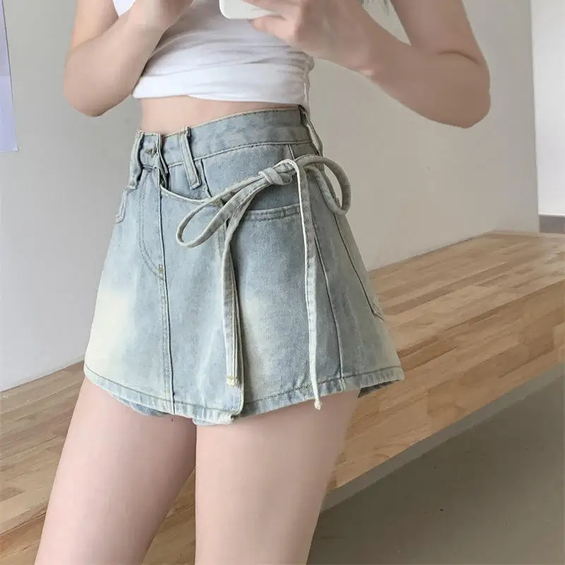 Light Wash High Waist Denim Shorts Women's Asymmetrical Skort Belt Design Halter Neck  Skirt Summer Commute Style