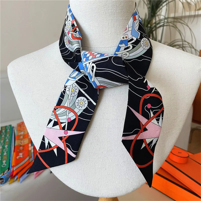 100% Silk High Quality Luxury Brand Scarf Women Headband Hair Band Foulard Tie Ribbon Neckerchief Skinny Scarves Accessories