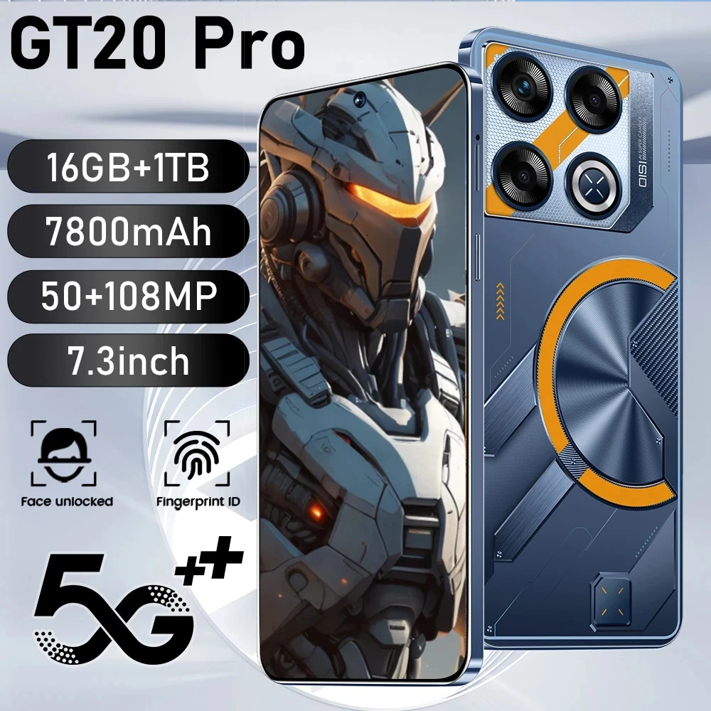 هاتف ذكي جديد GT20 Pro الإصدار العالمي للهاتف المحمول 16GB + 1T 7.3 بوصة HD + Android 14 7800mAh 4G/5G Snapdragon 8 gen3 108MP هاتف محمول