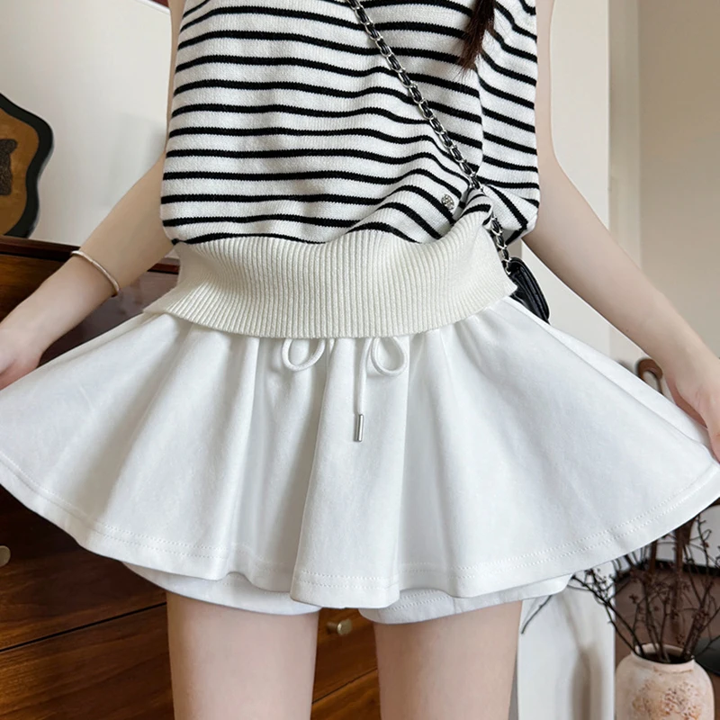 Double Layer Solid Color Skirt Shorts Women Elastic High Waist A Line Shorts Woman 2026 Summer Sport Pleated Mini Skirts Female