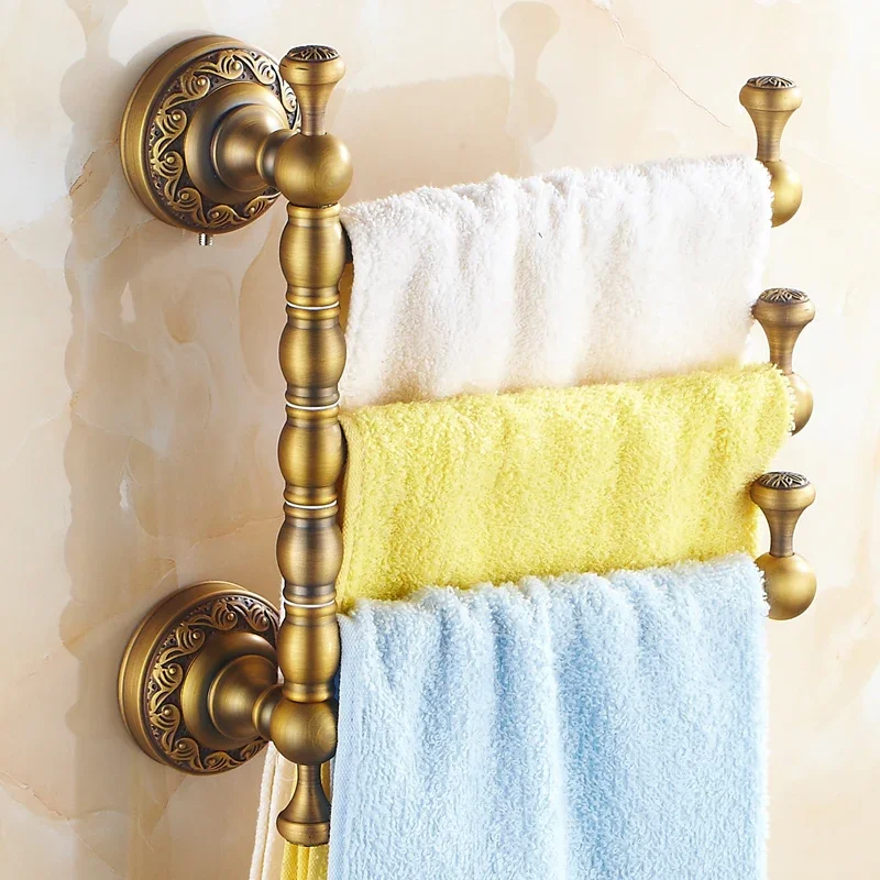 

European Brass Carved Towel Rack Towel Bar Antique Thickened Rotary Frame Movable Towel Rack Brass 3 Rods Carved with Stopper