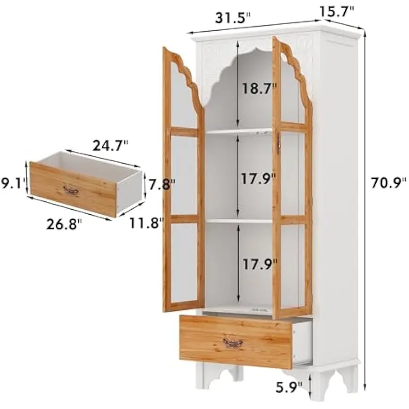 Tall freestanding pantry unit featuring three adjustable shelves and one smooth-gliding drawer, elegant carved glass front panel