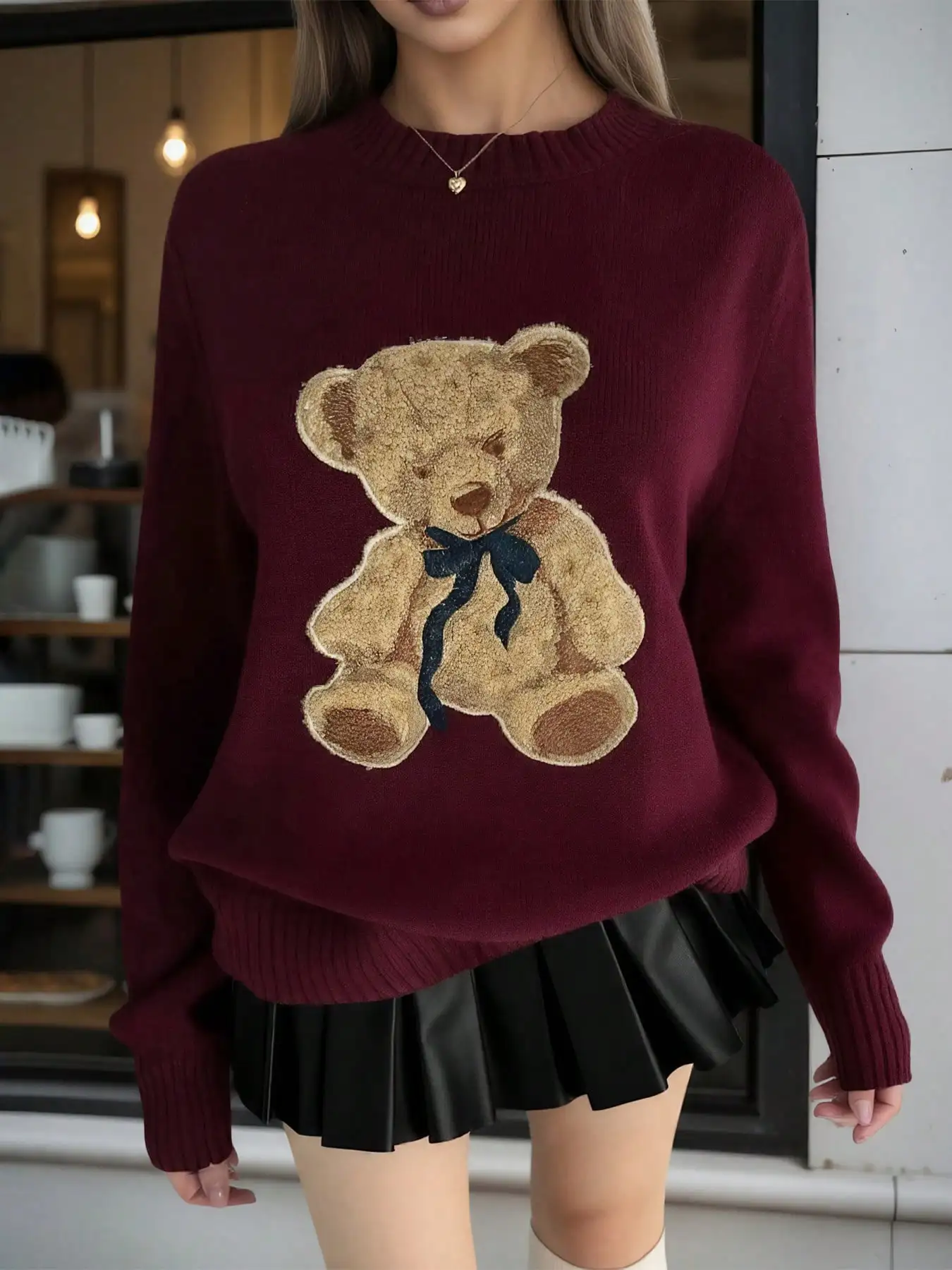 Suéter de punto con cuello redondo acanalado de oso de dibujos animados informal para mujer, jersey de manga larga para otoño e invierno