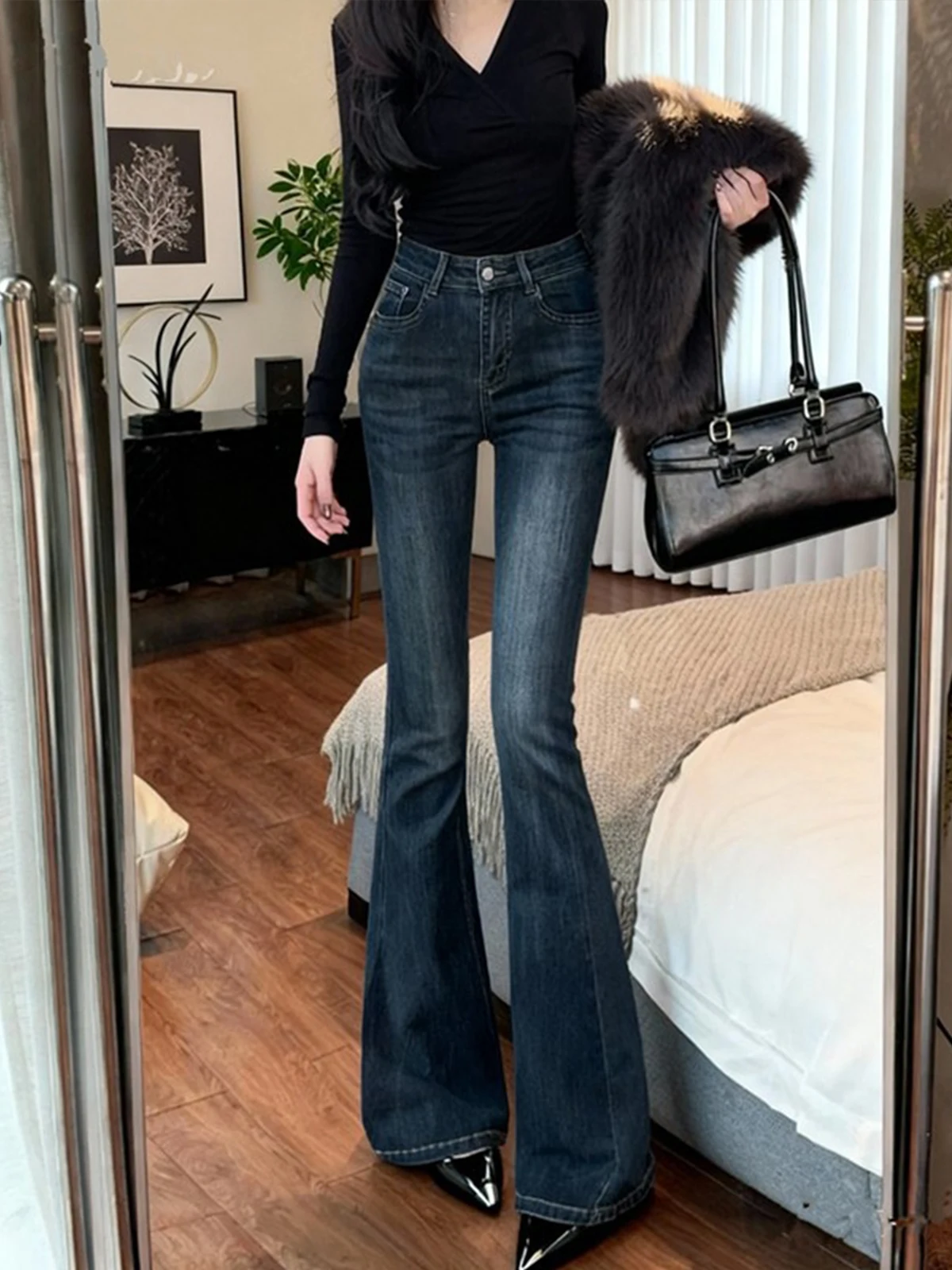 High Waist Fleece Lined Bootcut Jeans Women's Spring Casual Straight Leg Blue Jeans High Elastic Slimming Micro Flared Jeans