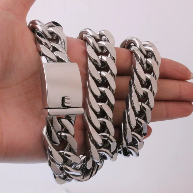 

7-40" Length Choose High Quality Design Button Silver Color Stainless Steel Necklaces Curb Chain Fashion Jewelry 15mm Wide