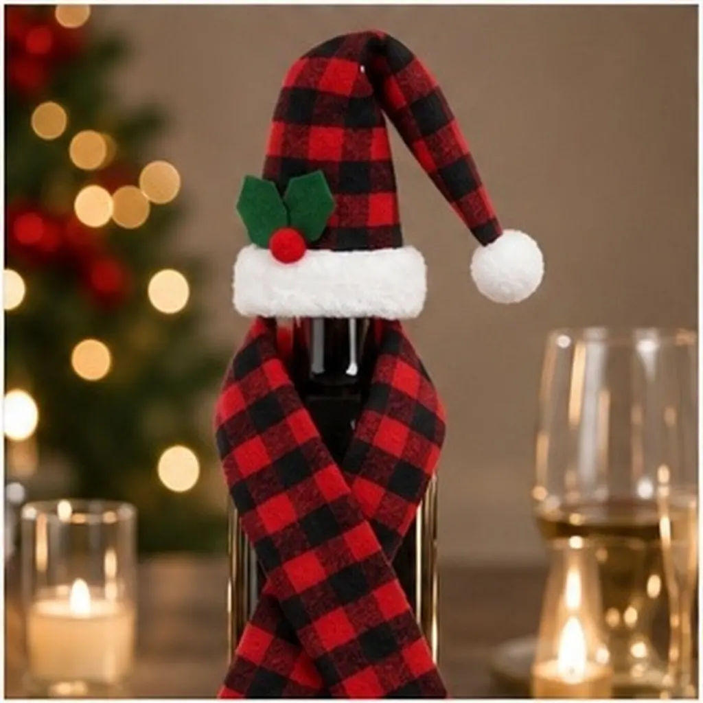 2Sets Xmas Bottle Decor Christmas Wine Bottle Cover Knitted Hat Scarf Set Holiday Table Decor Romantic Dinner Xmas Ornament