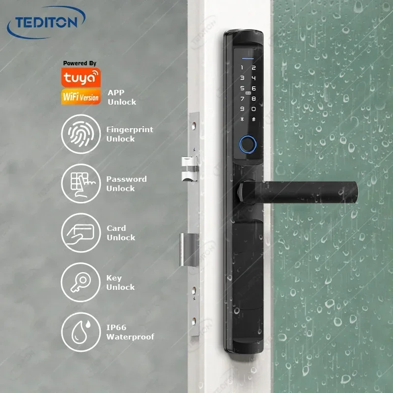 Tediton Tuya zigbee glass wood door biometric fingerprint waterproof outdoor European Aluminum sliding Smart Lock Door wi-fi