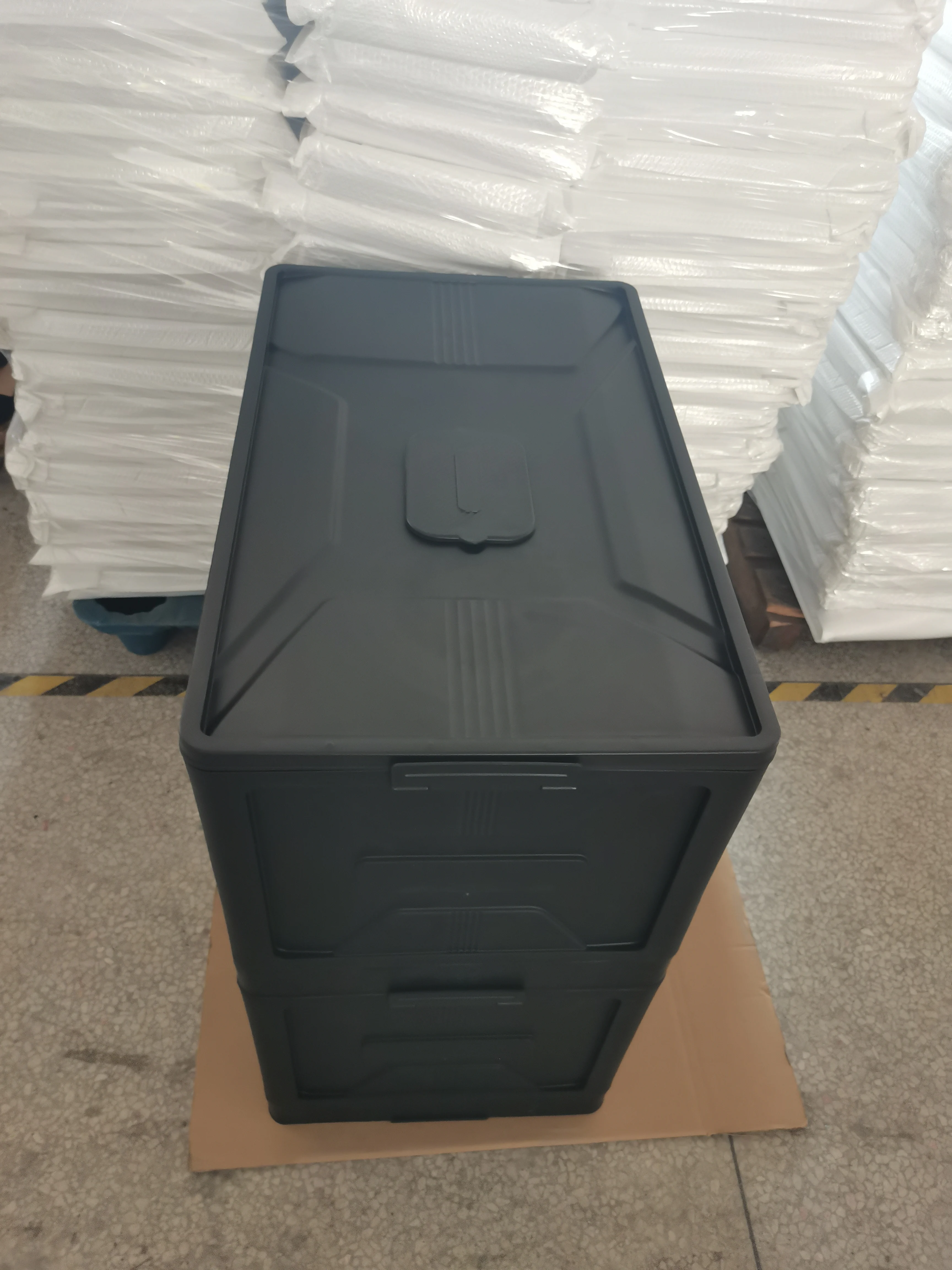 Black Plastic Folding Storage Box with Open Front Door, Collapsible Storage Bins with Wheels
