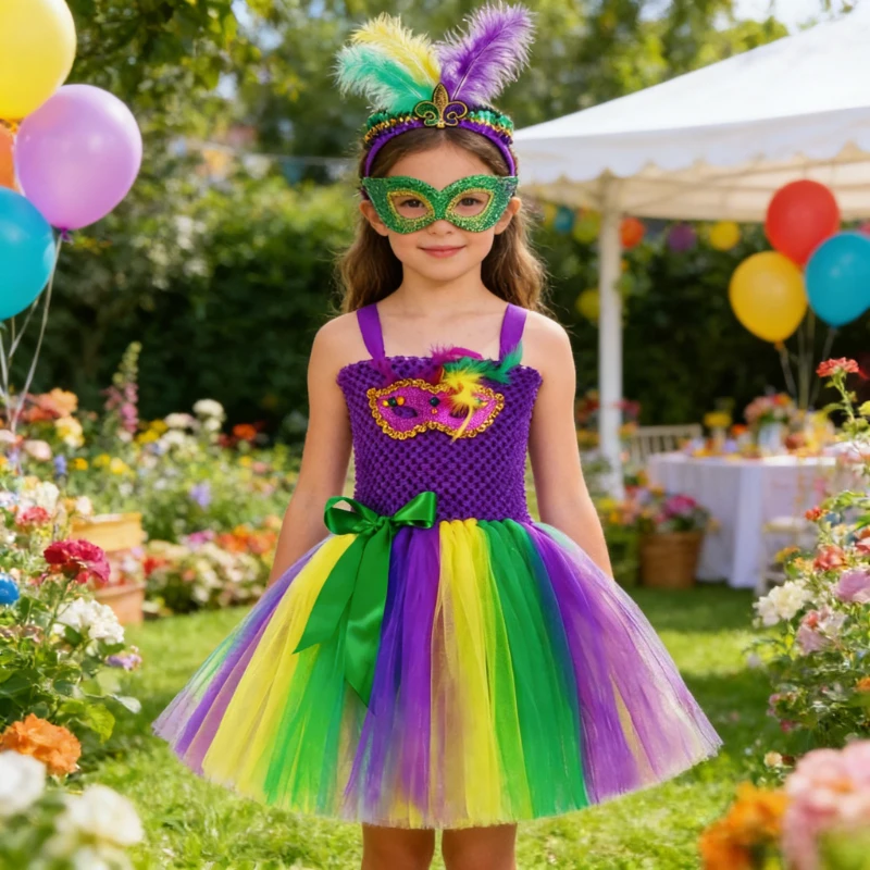 Mardi Gras Tutu Dress for Girls Purple Green Yellow Princess Outfit Kids Carnival Festival Masquerade Party Dress Up Costume
