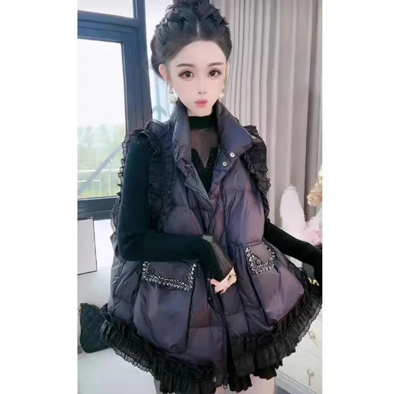 Women's winter new Korean version sweet heavy industry diamond inlaid fungus edge splicing warm down cotton vest