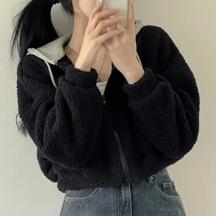 Chic Autumn Winter Lamb Fur Coat Women's Padded Jaet Hooded ket ort Outerwear Cotton Straight Fit Warm Casual Coat